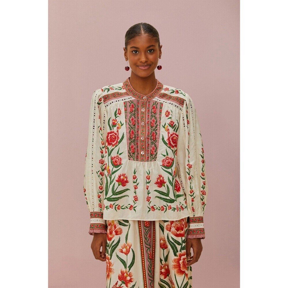 Farm Rio Off-White Ainika Delicate Blouse Embroidered Women’s Size Small Eyelet